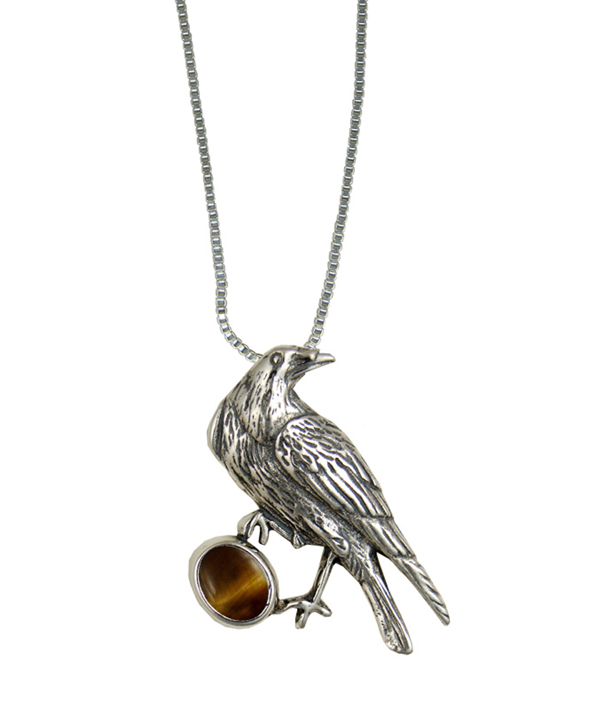 Sterling Silver Raven Pendant With Tiger Eye